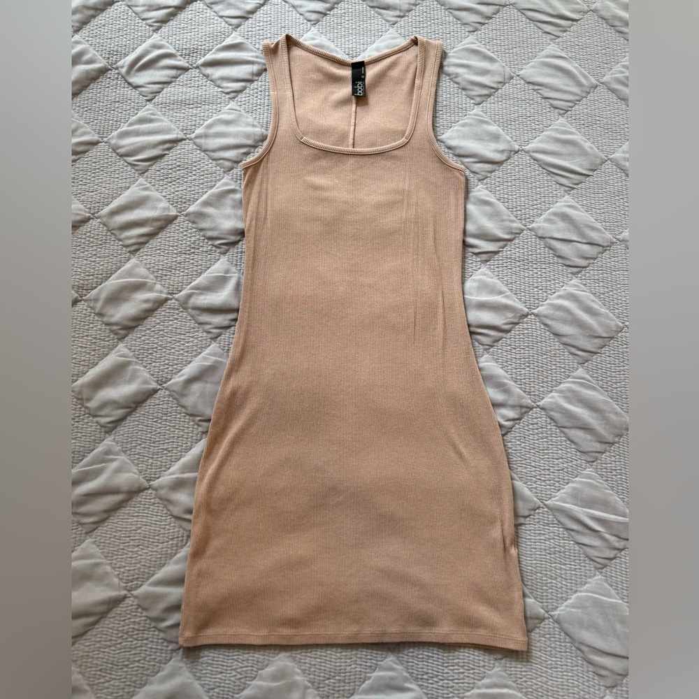 Bobi Light Brown Square Neck Ribbed Mini Dress